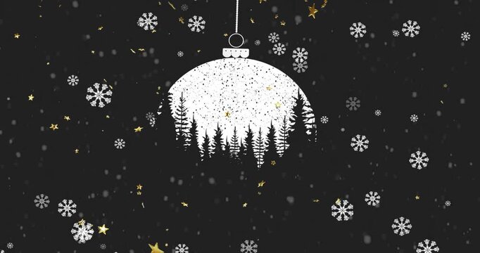 Upon start bauble hanging by dotted string while snowflakes and stars swirling evoking festive mood