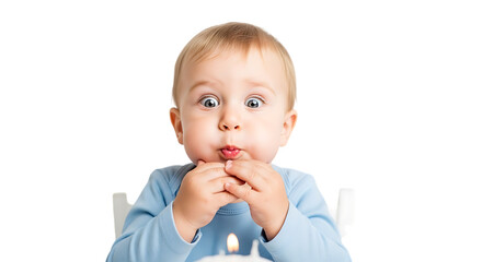 Surprised baby boy makes funny face blowing out birthday candle isolated on transparent background