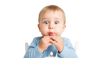 Surprised baby boy makes funny face blowing out birthday candle isolated on transparent background
