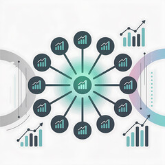 Abstract visualization of data analysis and growth with interconnected charts and dna helix elements