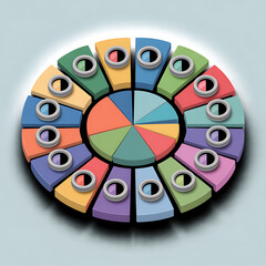 Colorful pie chart diagram with segments representing data and teamwork concepts