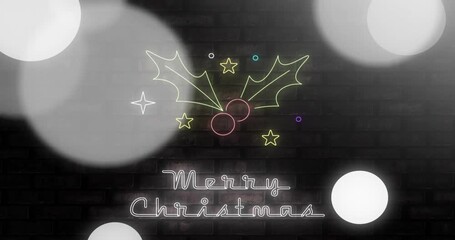 White circle drifting causing bokeh lights floating over neon holly Xmas sign for festive decor - Powered by Adobe