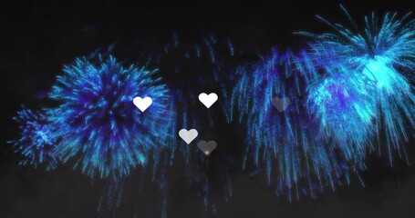 Multiple rockets launching from bottom celebrating love, cyan explosions and heart icons flickering - Powered by Adobe