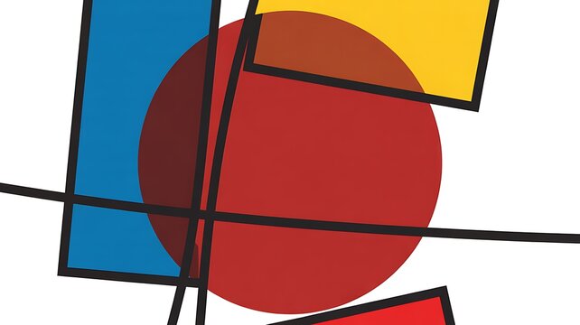 Abstract geometric composition with red circle, blue and yellow rectangles, and black lines isolated on white background