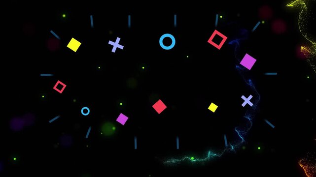 Drifting particles initiating cyan ring, shapes clustering, scattering ribbons weaving vibrant flow