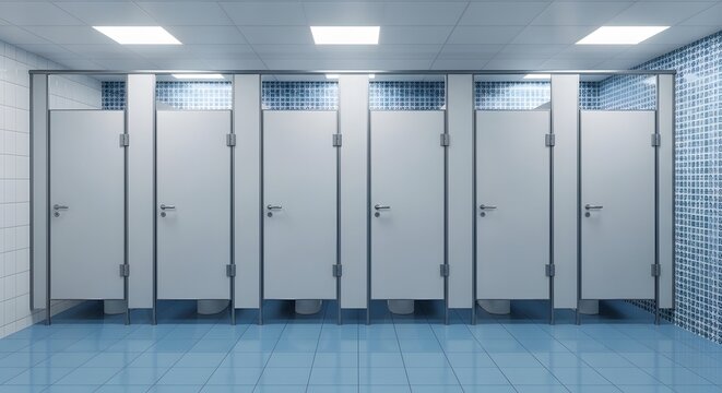 Row of restroom stalls with white doors in public bathroom
