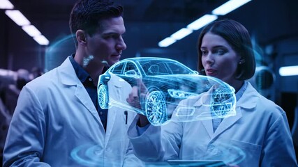 Man and woman engineers analyze a futuristic car design using holographic projection and modern technology in a laboratory footage. - Powered by Adobe