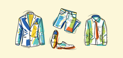 hand drawn Men’s fashion illustration vector set. suit, jeans, shoes, Modern colorful vector apparel design, retail, lifestyle visuals.