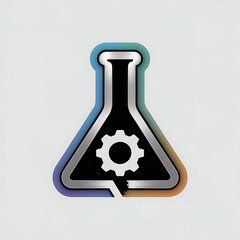 Futuristic metallic flask icon featuring a cogwheel symbolizing innovation and scientific engineering