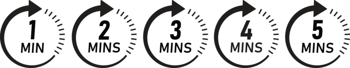 1 to 5 Minutes Time Duration Icons Set - Loading, Wait, Loop, and Workflow Process Vector