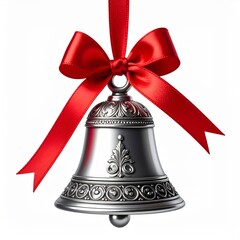 Obraz premium Silver Bell with Red Ribbon Holiday Ornament on a Clean White Background