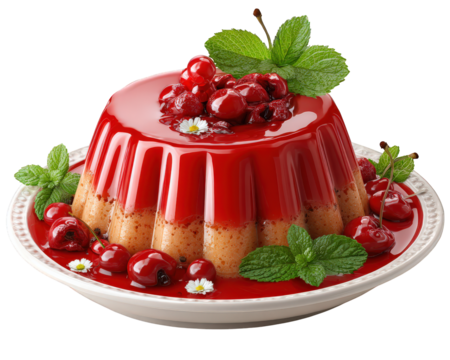 Delicious sweet cherry jelly dessert pudding with red glaze and fresh mint garnish. This tempting food confection classic panna cotta style treat on white plate