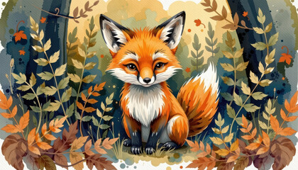 Obraz premium Whimsical watercolor painting of cute fox sitting in autumn forest surrounded by colorful leaves and plants