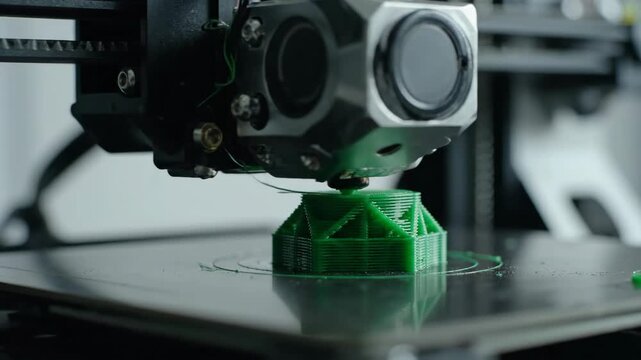 Modern 3d printer extruding green plastic for an object. Additive manufacturing creation from filament material. Rapid prototyping technology footage.