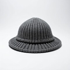 Grey Knitted Bucket Hat on White Background with Shadow Style Isolated