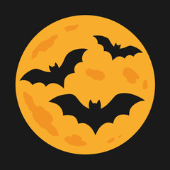 Flying Bats Silhouette against Full Orange Moon on Black Night Sky &ndash; Halloween Vector Illustration