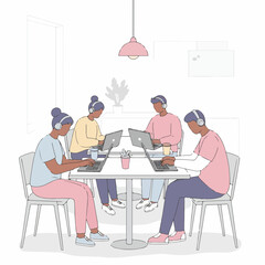 Minimalist Outline Coworking Team People Working Together in Office Illustration