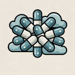 Abstract arrangement of teal and white capsules forming a circular pattern against a soft blue cloud background