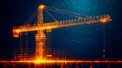 Modern construction crane glowing in a digital landscape at night under a bright blue background