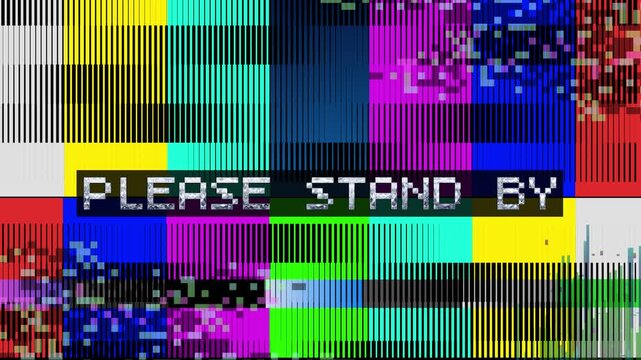 Retro television broadcast test pattern displaying 'PLEASE STAND BY' message, symbolizing a signal interruption, technical issue, or waiting screen