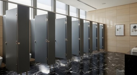 Modern Restroom with Gray Toilet Partitions and Marble Floor