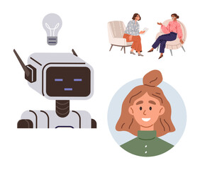 Robot with lightbulb above as innovation, two people engaged in conversation reflecting interaction, and a smiling woman symbolizing individuality. Ideal for AI, innovation, teamwork, connections