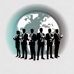 Diverse business professionals standing together in front of a stylized globe symbolizing global collaboration and success