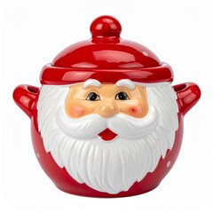 Festive Red Ceramic Santa Claus Container with Lid and Handles Isolated
