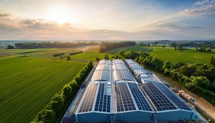 aerial view of an data center site with solar panels on the roof surrounded by lush greenery and fields in daylight the facility is designed to be energy efficient