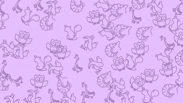 Repeating illustrations of peacocks, ducks, owls, squirrels on a purple background. Perfect for naturethemed designs, fabrics, wallpapers, and greeting cards.