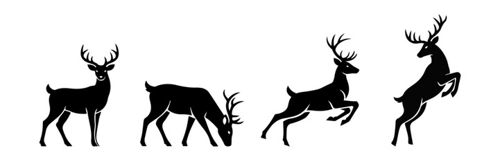 Deer Silhouette Set. Wild Deer Collection in Different Poses – Standing, Grazing, Jumping, and Rearing. Vector Illustration of Reindeer and Stag for Christmas, Nature, and Wildlife Design.