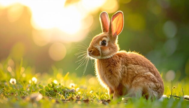Adorable wild rabbit basking in golden hour sunlight on a vibrant green meadow. - Powered by Adobe