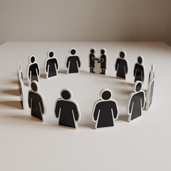 Diverse group of black and white paper cutouts representing people standing in a circle symbolizing community and unity