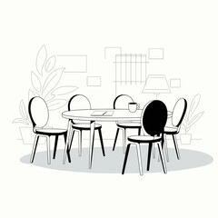 Fototapeta premium Minimal black and white vector of meeting table with chairs – Perfect for corporate branding, coworking, or business planning content.