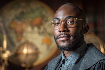 Young man with glasses and beard in academic robe, confident expression. Background features a blurred globe suggesting travel or education theme. Warm, soft lighting highlights his face
