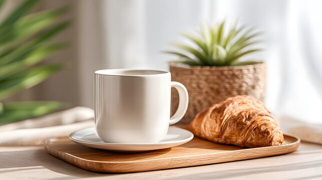 Morning coffee and croissant on a wooden tray with a plant in soft natural light