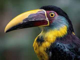 Colorful bird with large, vibrant yellow and black beak, distinct red eye, and greenish-blue face. Its plumage showcases a striking blend of yellow, black, and deep green tones