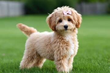 Fototapeta premium Adorable fluffy puppy with a pink bow standing on lush green grass in a sunny backyard setting