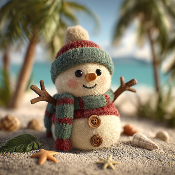 Cute Snowman on Tropical Beach with Shells and Palm Trees &ndash; Warm Christmas Scene