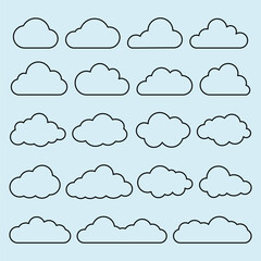 Vector set of cloud outlines on a blue background. Simple cloud shapes, various cloud designs, cloud icons. Perfect for weather, sky, or digital themes. Weather illustration, vector set.
