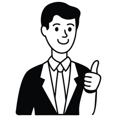 Cartoon vector illustration of a successful businessman character in a suit and tie standing and showing a thumbs up