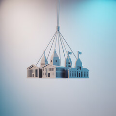 Intricate miniature replica of a government building complex hanging suspended against a softly blurred sky background