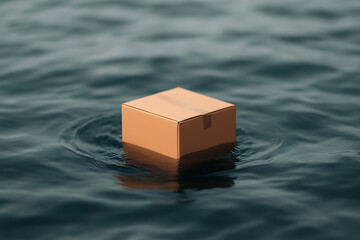 A lone, sealed cardboard box adrift on the tranquil sea, casting a faint shadow on the rippling surface, symbolizing lost cargo, unintended journeys or unexpected deliveries.