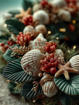 Tropical Seashell Christmas Wreath with Coral and Leaves &ndash; Handmade Coastal Holiday Decor