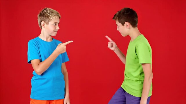 Two young boys, one sticking out tongue, both pointing, on a bright red background