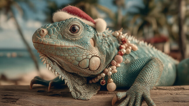 Christmas Iguana with Santa Hat and Ornament Necklace on the Beach