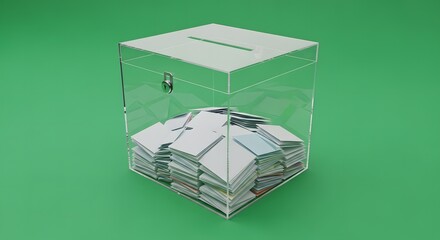 Transparent Ballot Box Filled with Many White Papers on a Green Background.