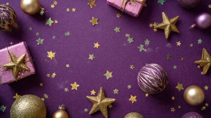 gold christmas decorations on purple background