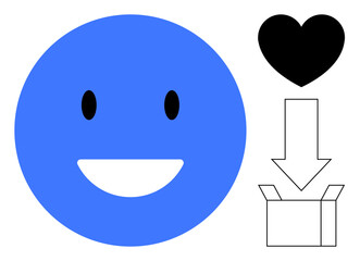 Large blue smiling face, black heart, down arrow aiming for open box. Ideal for concepts thumbs up emotions, sharing, love, packaging, communication giving gratitude. Simple flat metaphor