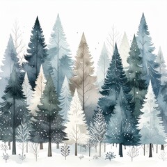 Obraz premium Watercolor Painting of Evergreen Forest in Winter with Snowy Ground